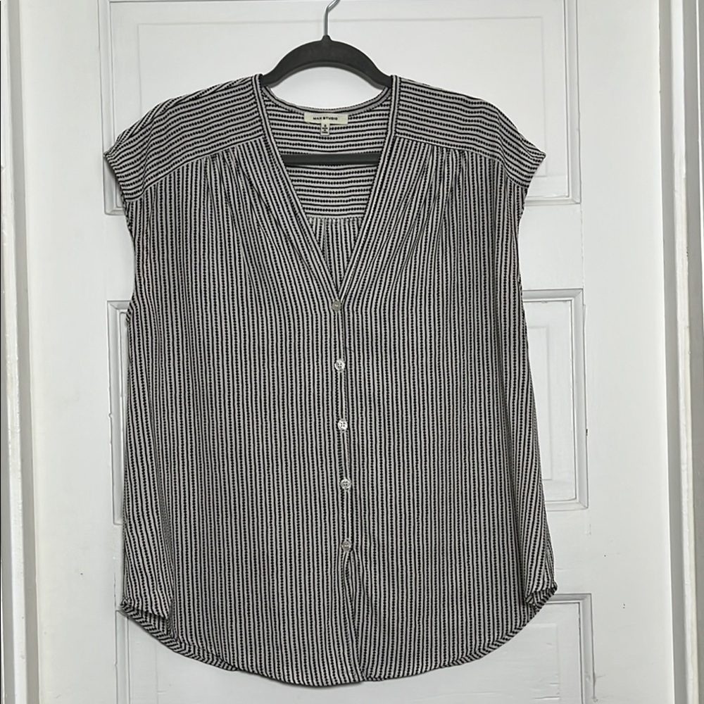 Max Studio Striped Black and White Notched Collar Blouse